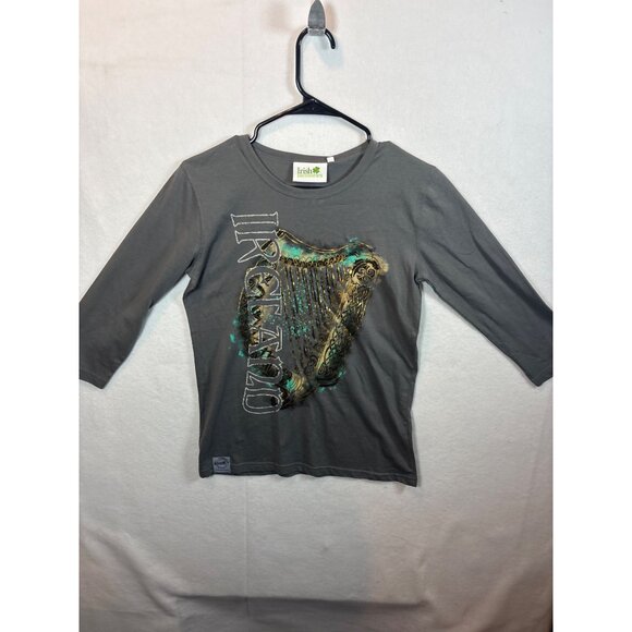 Irish Memories Grey Graphic 3/4 Sleeve Shirt Featuring Harp Design - Picture 1 of 11